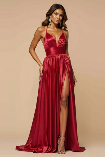 Halter Dark Red A Line Pleated Long Prom Dress